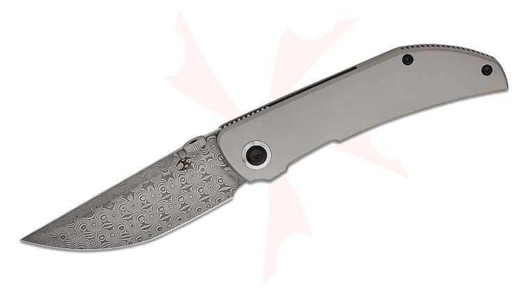 Kansept Knives Matthew Christensen Tarkin Frame Lock Front Flipper 3.36 inch Damascus Modified Tanto Blade, Bead Blasted Titanium Handles