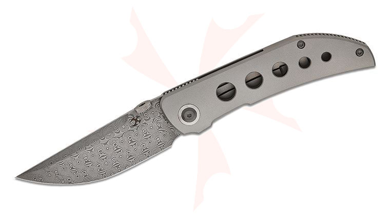 Kansept Knives Matthew Christensen Tarkin Frame Lock Front Flipper 3.36 inch Damascus Modified Tanto Blade, Micro Milled Bead Blasted Titanium Handles with Speed Holes
