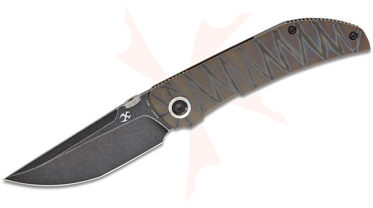 Kansept Knives Matthew Christensen Tarkin Frame Lock Front Flipper 3.36 inch CPM-20CV Black Stonewashed Modified Tanto Blade, Tiger Stripe Flamed Titanium Handles