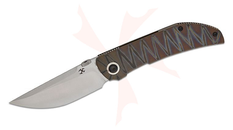 Kansept Knives Matthew Christensen Tarkin Frame Lock Front Flipper 3.36 inch CPM-20CV Satin Modified Tanto Blade, Tiger Stripe Flamed Titanium Handles