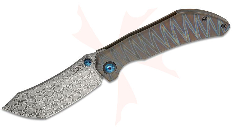 Kansept Knives Tipper Frame Lock Folding Knife 3.38 inch Damascus Modified Tanto Blade, Tiger Strike Titanium Handles