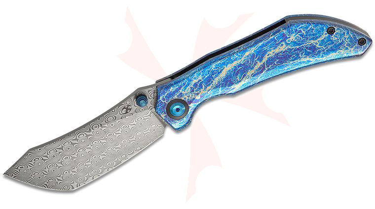 Kansept Knives Tipper Frame Lock Folding Knife 3.38 inch Damascus Modified Tanto Blade, Lightning Strike Titanium Handles
