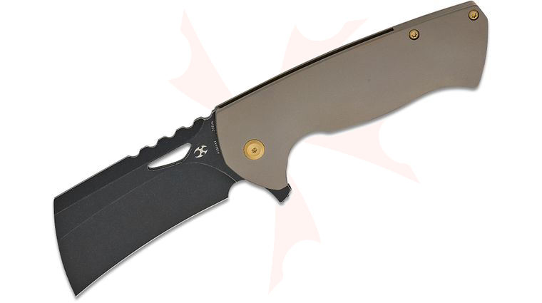 Kansept Knives Leviathan Limited Edition Flipper Knife 3.9 inch CPM-S35VN Black Stonewashed Hawkbill Cleaver Blade, Bronze Anodized Titanium Handles