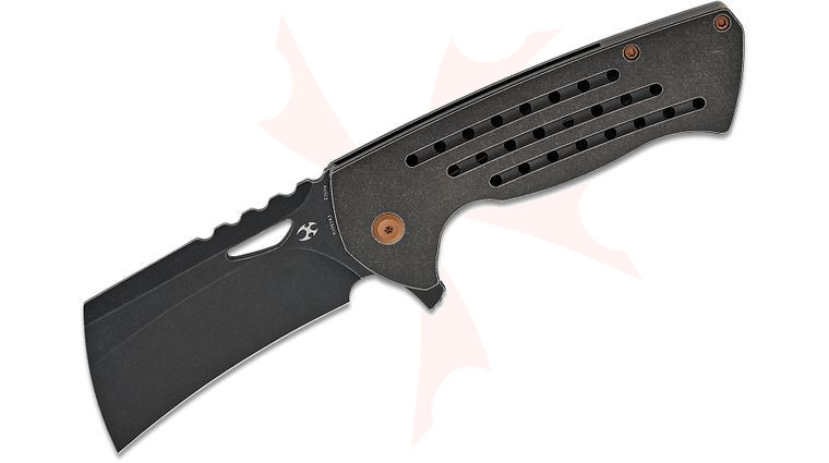 Kansept Knives Leviathan Limited Edition Flipper Knife 3.9 inch CPM-S35VN Black Stonewashed Hawkbill Cleaver Blade, Black Stonewashed Titanium Handles with Holes