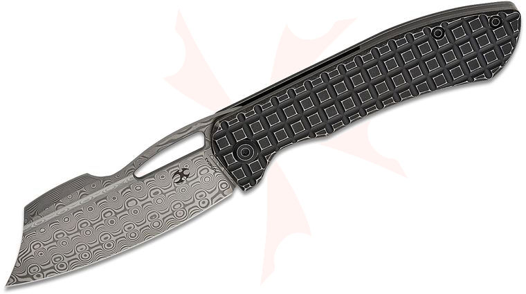 Kansept Knives Cybin Limited Edition Folding Knife 3.29 inch Damascus Modified Cleaver Blade, Black Stonewashed Frag Pattern Titanium Handles
