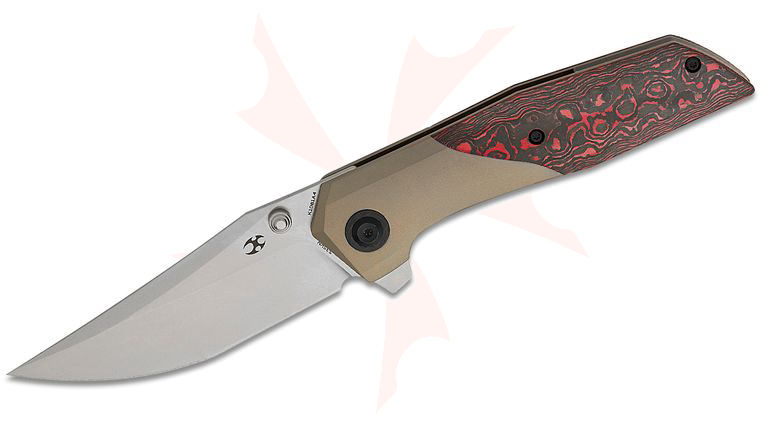 Kansept Knives Deadite Flipper Knife 3.52 inch CPM-S35VN Stonewashed Clip Point Blade, Bronze Anodized Titanium and Lava Flow FatCarbon Handles
