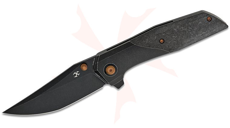 Kansept Knives Deadite Flipper Knife 3.52 inch CPM-S35VN Black Stonewashed Clip Point Blade, Black Stonewashed Titanium and Shred Carbon Fiber Handles