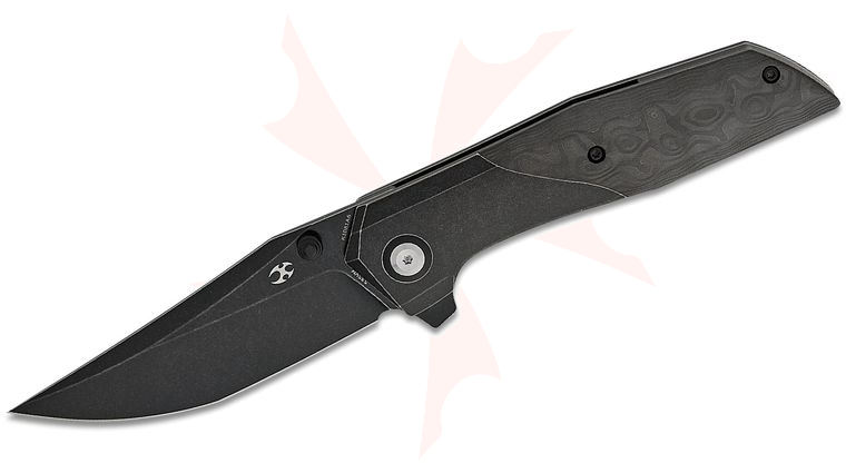 Kansept Knives Deadite Flipper Knife 3.52 inch CPM-S35VN Black Stonewashed Clip Point Blade, Black Stonewashed Titanium and Rose Pattern Carbon Fiber Handles