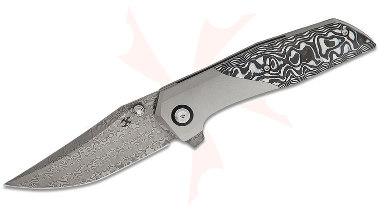 Kansept Knives Deadite Flipper Knife 3.52 inch Damascus Clip Point Blade, Bead Blast Titanium and Lightning Strike Black and White Carbon Fiber Handles