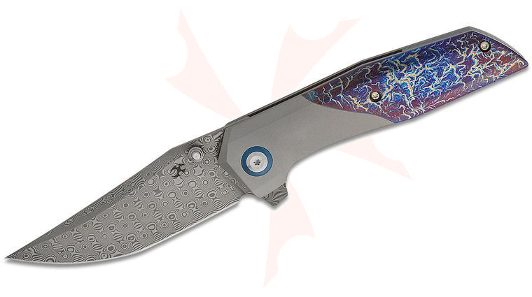 Kansept Knives Deadite Flipper Knife 3.52 inch Damascus Clip Point Blade, Bead Blast Titanium and Lightning Strike Titanium Handles