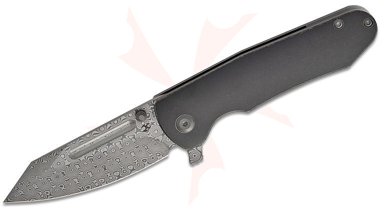 Kansept Knives Superhawk Flipper Knife 3.89 inch Damascus Reverse Tanto Blade, Black Stonewashed Titanium Handles