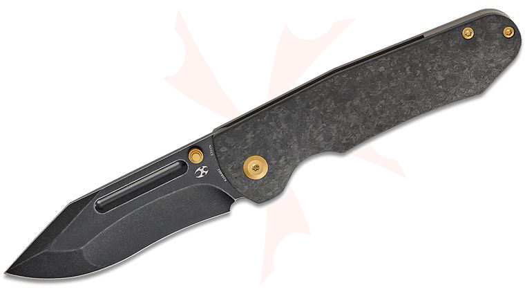 Kansept Knives Superhawk Folding Knife 3.89 inch CPM-S35VN Black Stonewashed Recurve Blade, Shred Carbon Fiber and Titanium Handles