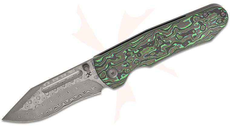 Kansept Knives Superhawk Folding Knife 3.89 inch Damascus Recurve Blade, Green/Black Carbon Fiber and Black Stonewashed Titanium Handles