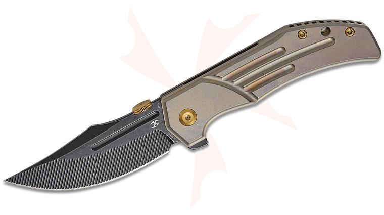 Kansept Knives Limited Edition JB Stout Orion Frame Lock Flipper Knife 3.07 inch CPM-S35VN Black Stonewashed Clip Point Blade with CNC Milling, Bronze Titanium Handles