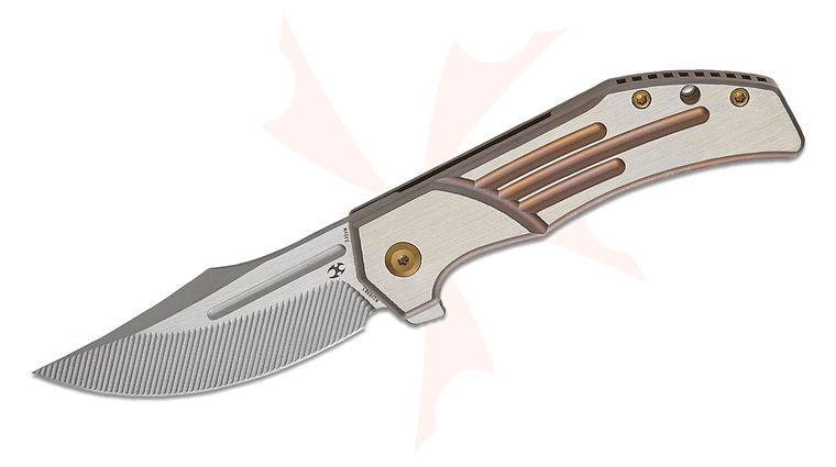Kansept Knives Limited Edition JB Stout Orion Frame Lock Flipper Knife 3.07 inch CPM-S35VN Machine Satin Clip Point Blade with CNC Milling, Bronze and Satin Titanium Handles
