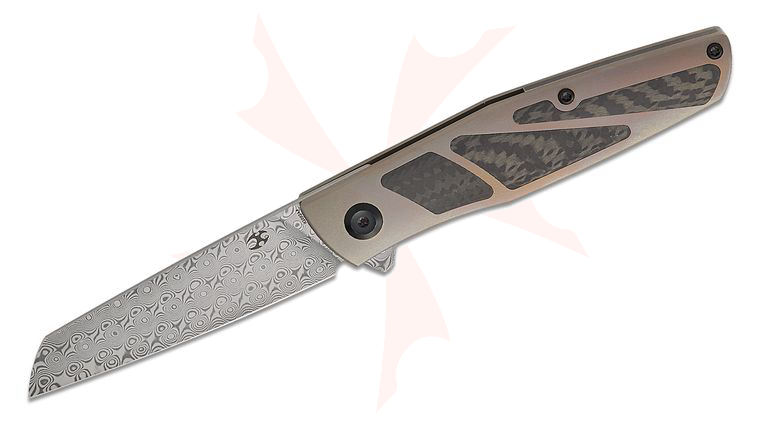 Kansept Knives Cru Flipper Knife 3.46 inch Damascus Wharncliffe Blade, Bronze Anodized Titanium Handles with Twill Carbon Fiber Inlays