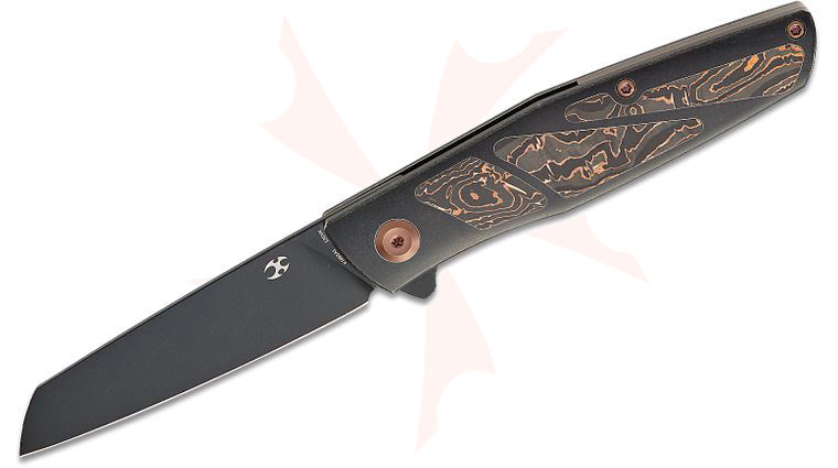 Kansept Knives Cru Flipper Knife 3.46 inch CPM-S35VN Black Wharncliffe Blade, Black Stonewash Titanium Handles with Copper Carbon Fiber Inlays