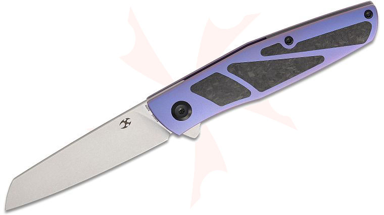 Kansept Knives Cru Flipper Knife 3.46 inch CPM-S35VN Stonewashed Wharncliffe Blade, Purple Anodized Titanium Handles with Shred Carbon Fiber Inlays