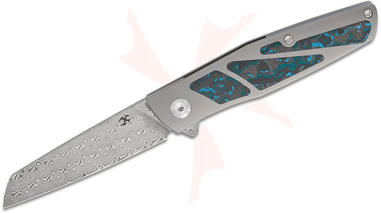 Kansept Knives Cru Flipper Knife 3.46 inch Damascus Wharncliffe Blade, Titanium Handles with Arctic Storm FatCarbon Inlays