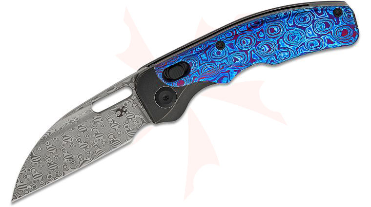 Kansept Knives Jacob Lundquist Vivid Folding Knife 3.04 inch Damascus Wharncliffe Blade, Black Titanium and Timascus Handles