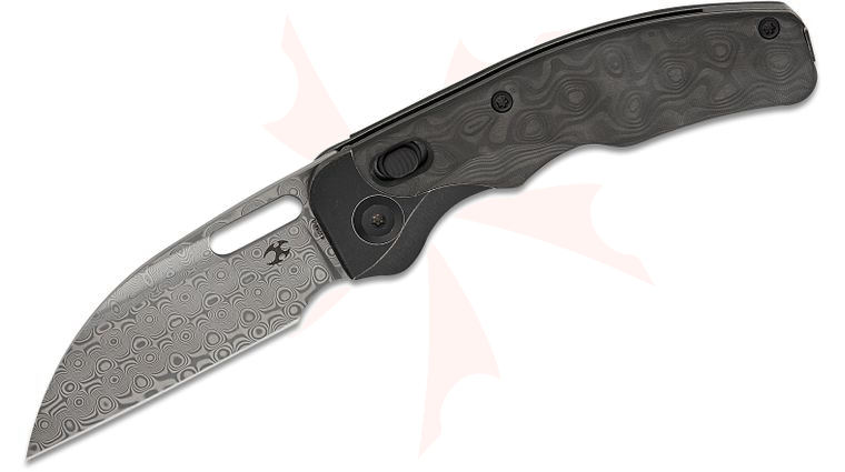 Kansept Knives Jacob Lundquist Vivid Folding Knife 3.04 inch Damascus Wharncliffe Blade, Black Titanium and Rose Pattern Carbon Fiber Handles