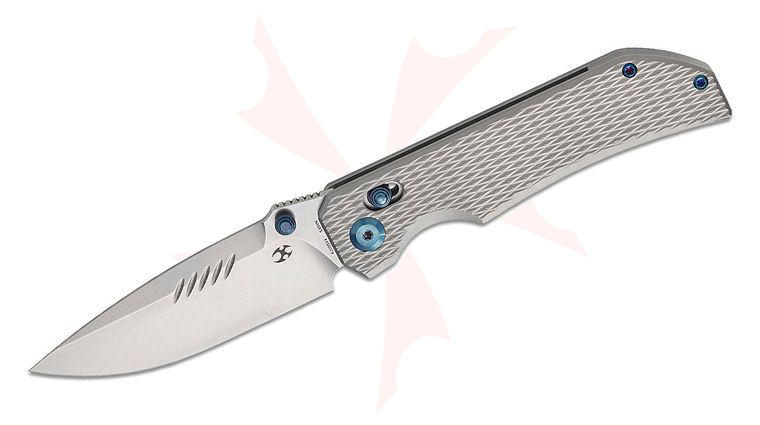 Kansept Knives Eaglestrike Crossbar Folding Knife 3.73 inch CPM-S35VN Stonewashed Drop Point Blade, Bead Blasted Diamond Pattern Titanium Handles