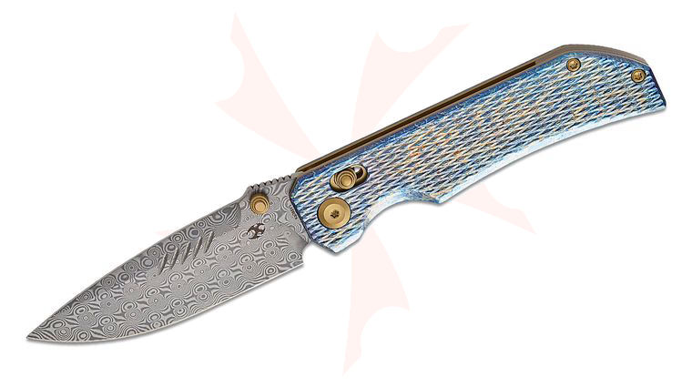 Kansept Knives Eaglestrike Crossbar Folding Knife 3.73 inch Damascus Drop Point Blade, Lightning Strike Diamond Pattern Titanium Handles