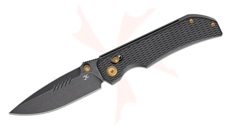 Kansept Knives Eaglestrike Crossbar Folding Knife 3.73 inch CPM-S35VN Black Stonewashed Drop Point Blade, Black Diamond Pattern Titanium Handles