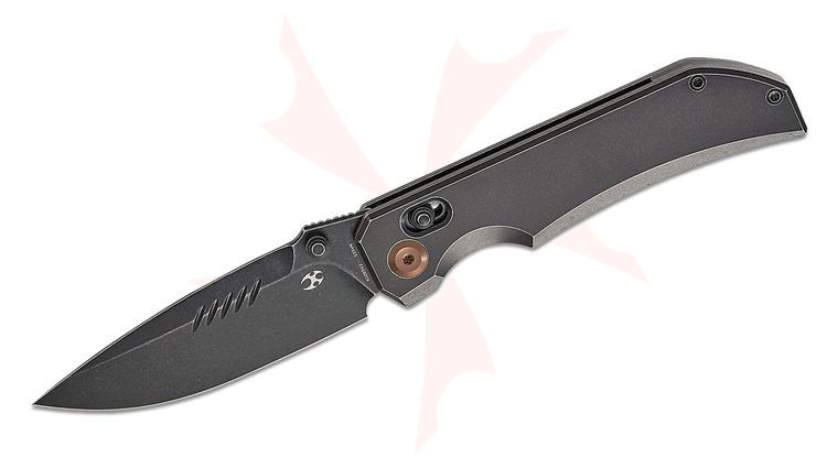 Kansept Knives Eaglestrike Crossbar Folding Knife 3.73 inch CPM-S35VN Black Stonewashed Drop Point Blade, Black Stonewashed Titanium Handles