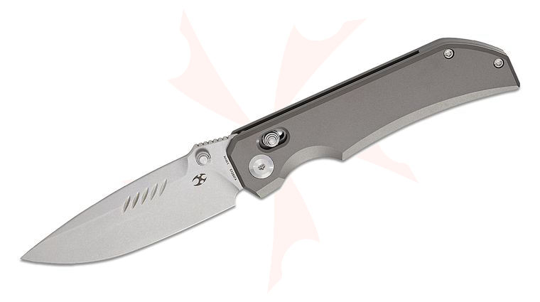 Kansept Knives Eaglestrike Crossbar Folding Knife 3.73 inch CPM-S35VN Stonewashed Drop Point Blade, Bead Blasted Titanium Handles