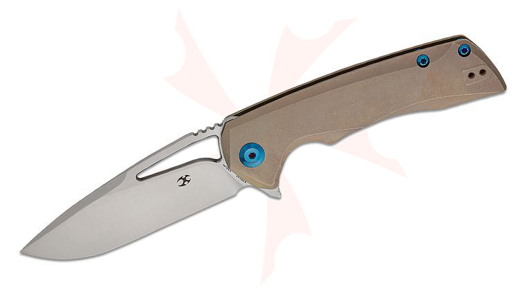 Kansept Knives Kryo Frame Lock Flipper Knife 3.58 inch S35VN Satin Drop Point Blade, Bronze Stonewashed Titanium Handles, Blue Accents