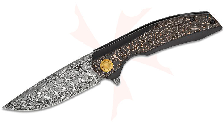 Kansept Knives Accipiter Frame Lock Flipper Knife 3.5 inch Damascus Drop Point Blade, Black Titanium Handles with Copper Foil Carbon Fiber Inlay