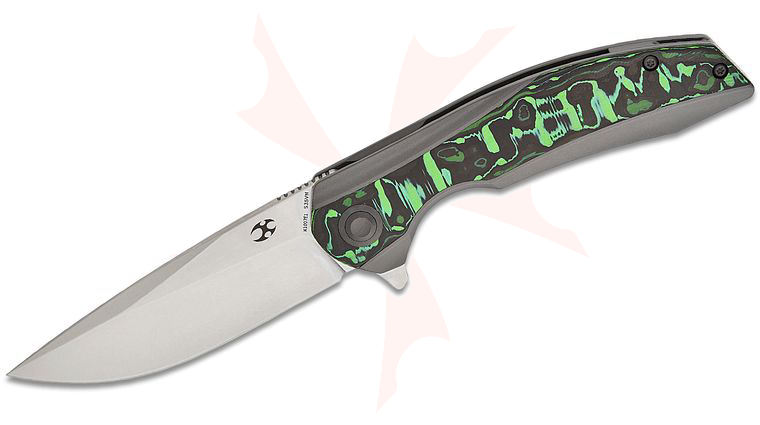Kansept Knives Accipiter Frame Lock Flipper Knife 3.5 inch CPM-S35VN Stonewashed Drop Point Blade, Titanium Handles with Green Carbon Fiber Inlay