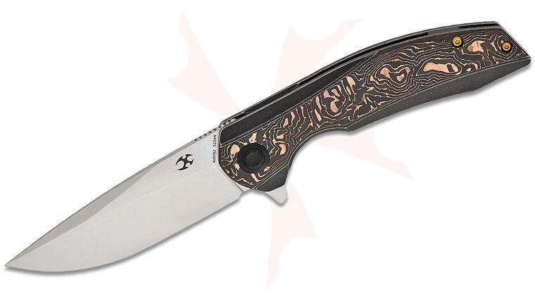 Kansept Knives Accipiter Frame Lock Flipper Knife 3.5 inch CPM-S35VN Stonewashed Drop Point Blade, Black Titanium Handles with Copper Foil Carbon Fiber Inlay