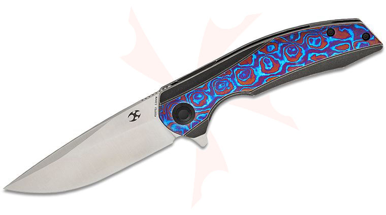 Kansept Knives Accipiter Frame Lock Flipper Knife 3.5 inch CPM-S35VN Satin Drop Point Blade, Black Titanium Handles with Timascus Inlay and Clip