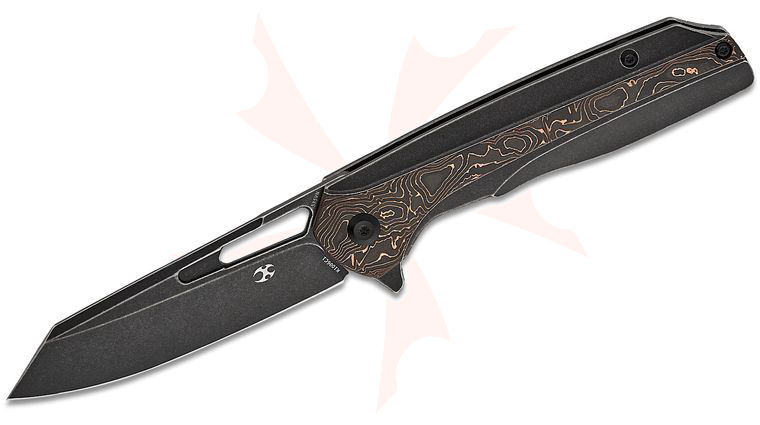 Kansept Knives Shard Flipper Knife 3.5 inch CPM-S35VN Black Stonewashed Reverse Tanto Blade, Black Titanium and Copper Foil Carbon Fiber Handles