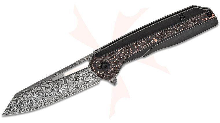 Kansept Knives Shard Flipper Knife 3.5 inch Damascus Reverse Tanto Blade, Black Titanium and Copper Foil Carbon Fiber Handles