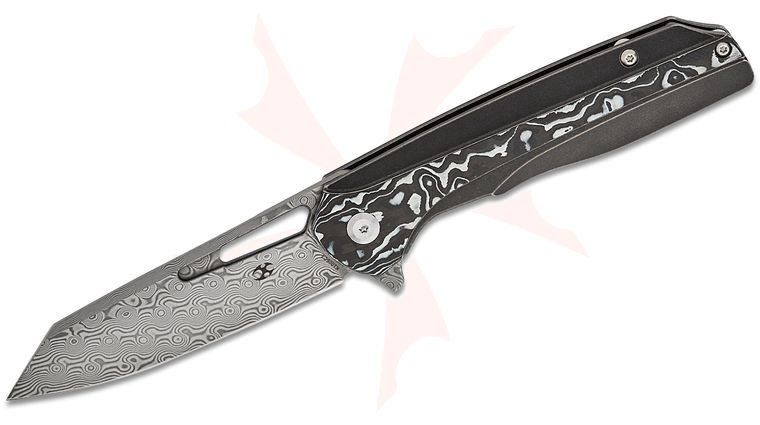 Kansept Knives Shard Flipper Knife 3.5 inch Damascus Reverse Tanto Blade, Black Titanium and Black/White Nebula FatCarbon Handles