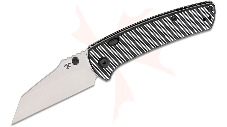 Kansept Knives Dirk Pinkerton Main Street Top Liner Lock Folding Knife 3.36 inch Elmax Stonewashed Wharncliffe Blade, Black and Plain Striped Aluminum Handles