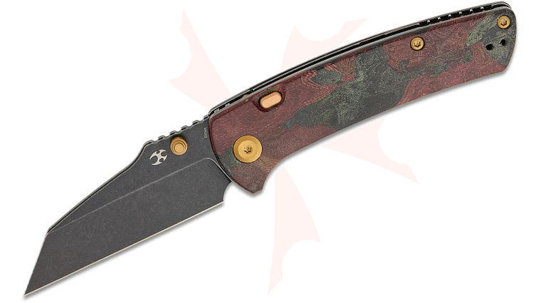 Kansept Knives Dirk Pinkerton Main Street Top Liner Lock Folding Knife 3.36 inch Elmax Black Stonewashed Wharncliffe Blade, Red Rag Burl Canvas Micarta Handles