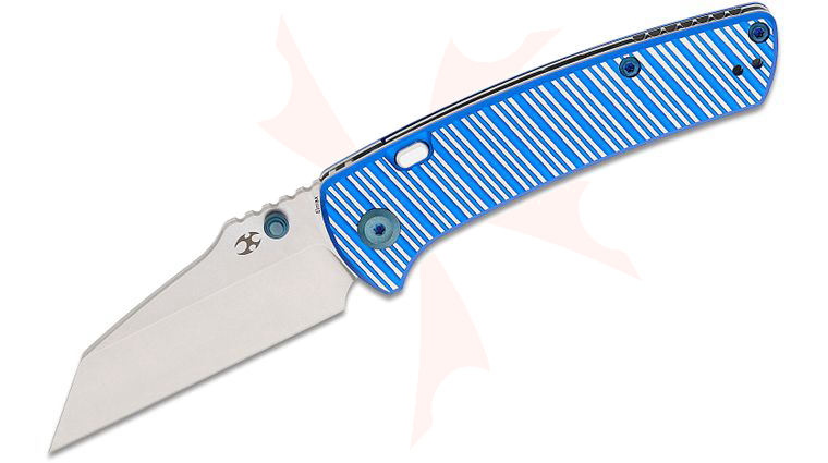 Kansept Knives Dirk Pinkerton Main Street Top Liner Lock Folding Knife 3.36 inch Elmax Stonewashed Wharncliffe Blade, Blue and Plain Striped Aluminum Handles