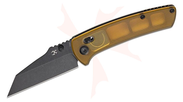 Kansept Knives Dirk Pinkerton Main Street Crossbar Lock Folding Knife 3.36 inch CPM-S35VN Black Stonewashed Wharncliffe Blade, Amber Ultem Handles