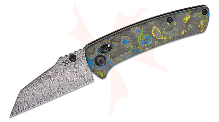 Kansept Knives Dirk Pinkerton Main Street Crossbar Lock Folding Knife 3.36 inch Damascus Wharncliffe Blade, Gecko CamoCarbon Handles