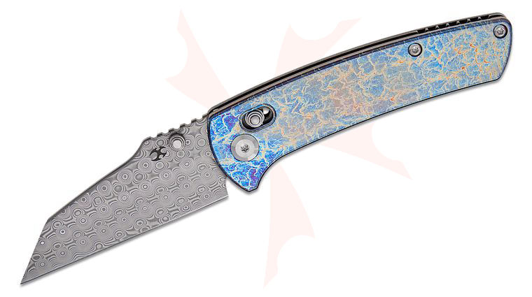 Kansept Knives Dirk Pinkerton Main Street Crossbar Lock Folding Knife 3.36 inch Damascus Wharncliffe Blade, Lightning Strike Titanium Handles