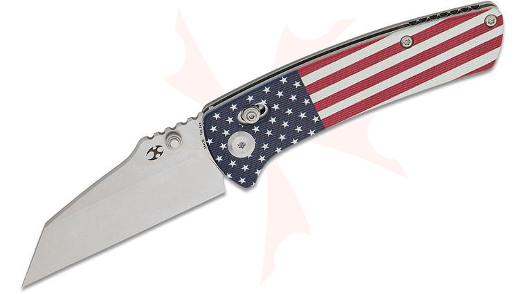 Kansept Knives Dirk Pinkerton Main Street Crossbar Lock Folding Knife 3.36 inch 154CM Stonewashed Wharncliffe Blade, Natural (Jade) G10 Handles with American Flag Design