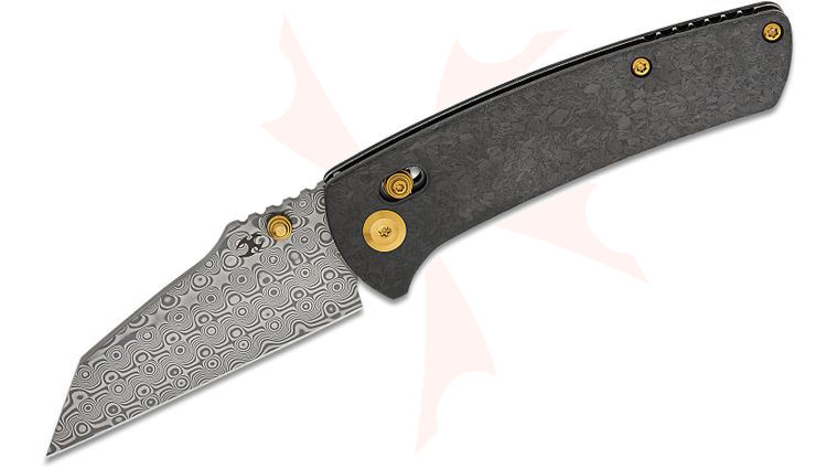 Kansept Knives Dirk Pinkerton Main Street Crossbar Lock Folding Knife 3.36 inch Damascus Wharncliffe Blade, Shred Carbon Fiber Handles