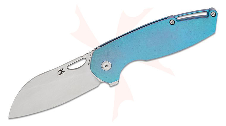 Kansept Knives Nick Swan Model 6 Frame Lock Flipper Knife 3.1 inch S35VN Stonewashed Sheepsfoot Blade, Orange Peel Blue Titanium Handles