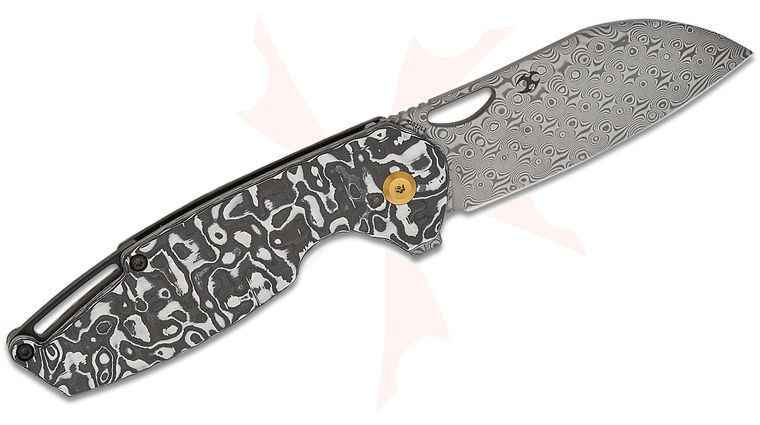 Kansept Knives Nick Swan Model 6 Left Handed Liner Lock Flipper Knife 3.1 inch Damascus Sheepsfoot Blade, Black and White Carbon Fiber Handles