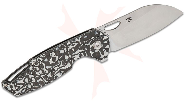 Kansept Knives Nick Swan Model 6 Left Handed Liner Lock Flipper Knife 3.1 inch CPM-20CV Stonewashed Sheepsfoot Blade, Black and White Carbon Fiber Handles
