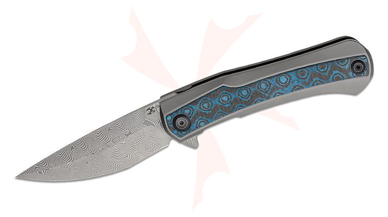 Kansept Knives Kratos Flipper Knife 3.79 inch Damascus Clip Point Blade, Gray Titanium Handles with Blue Rose Carbon Fiber Inlays